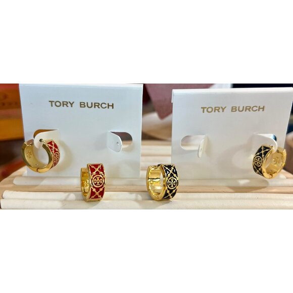 SET OF TWO - Tory Burch Red and Gold and Black and Gold Monogram Huggies - Picture 4 of 8
